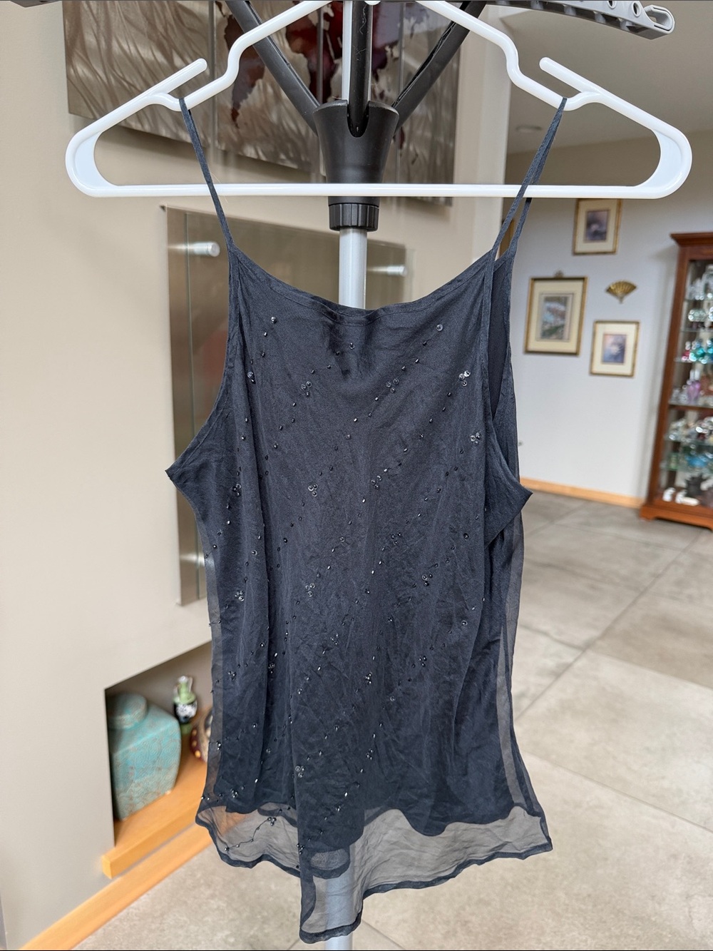 Black Beaded Sequined Spaghetti Strap Women's Silk Camisole size S